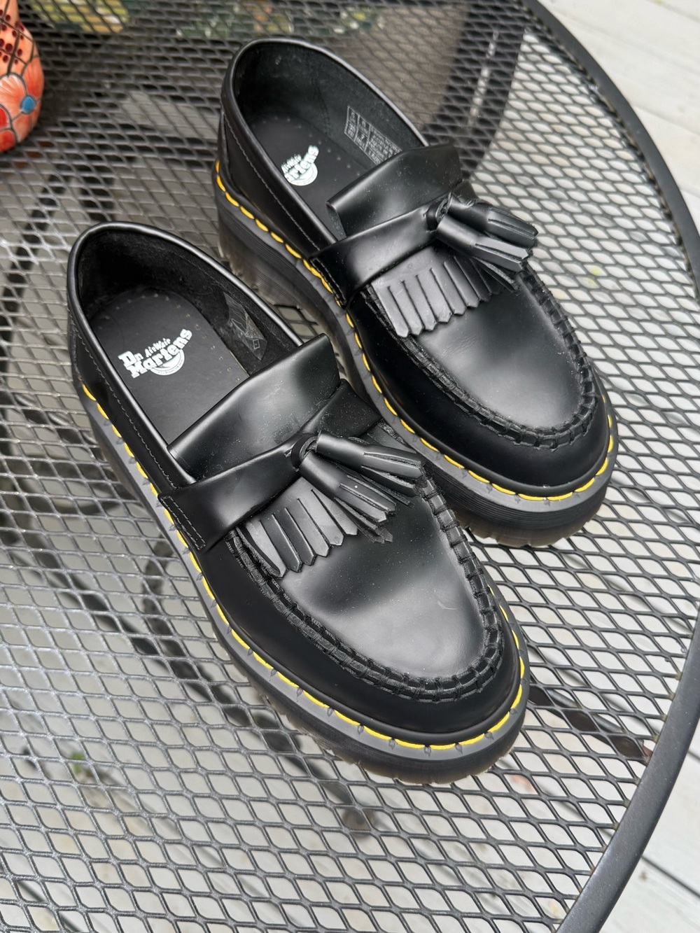 Dr. Martens Black Leather Tassel Kiltie Loafers with Yellow Stitching